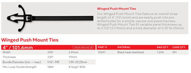 4" (101.6MM) WINGED PUSH MOUNT KABELBINDER - SORT 