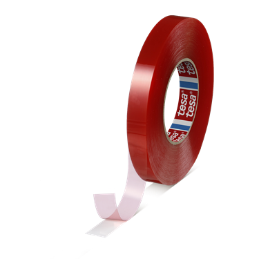 AKRYLTAPE 25mm BRED 50 M/RL KLAR, RØD PP-LINER (TESA)
